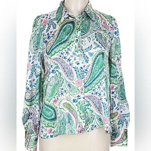 Zara Multicolor Paisley Blouse Gold Buttons 3/4 Sleeve Collared Colorful Top